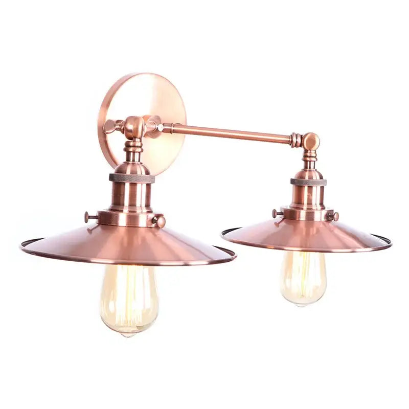 Copper-toned industrial copper dual head led wall light with two exposed filament bulbs and conical shades for bedroom decorbites dual head