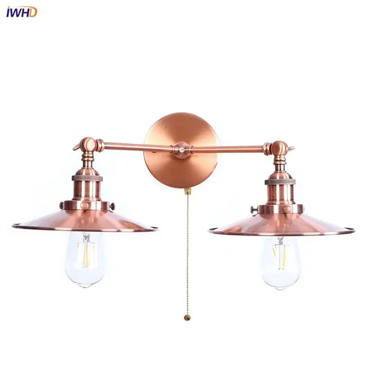 Industrial copper dual head led wall light with copper-toned finish and pull-chain switch for bedroom wall light decorbites dual head