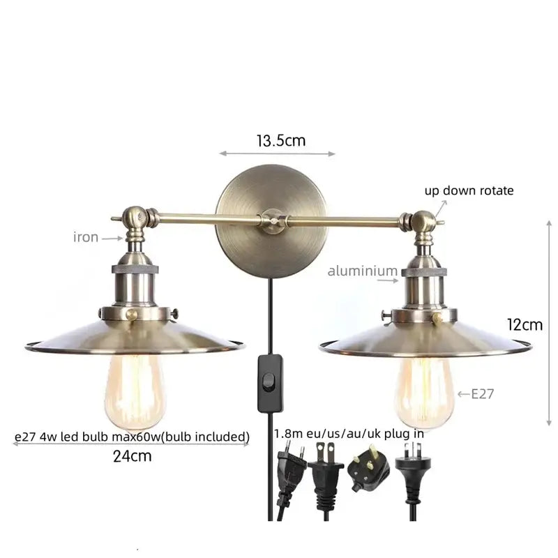 Vintage-style brass finished wall light with two adjustable arms and matching lampshades decorbites dual head led bedroom sconce