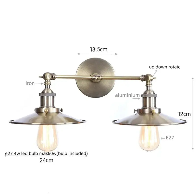 Vintage-style brass-finished dual head led wall light with adjustable arms for bedroom decorbites dual head wall light