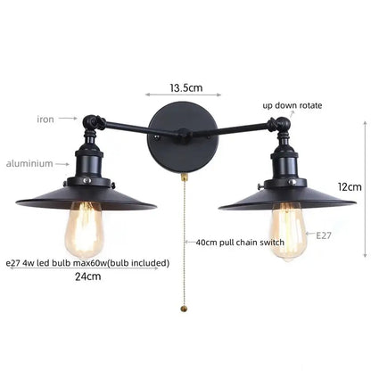Black industrial-style wall light with dual head pink edison bulbs and adjustable arms from decorbites dual head series