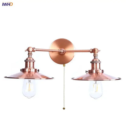 Industrial copper dual head pink led wall light with exposed filament bulbs and pull-chain switch for bedroom decorbites wall light