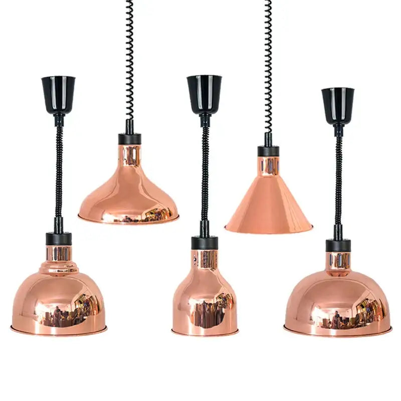 Copper-colored industrial pendant light with black flexible cords and adjustable heads electric food heat lamp