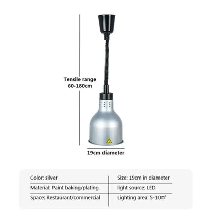 Silver 19cm diameter led electric food heat lamp with black flexible neck and mounting cap for industrial use