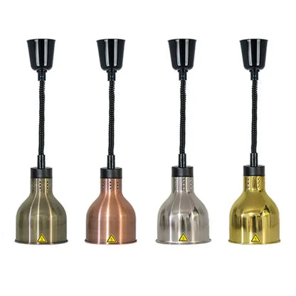 Four matte black adjustable pendant food heat lamps with copper, bronze, gold, and stainless steel bell-shaped bodies