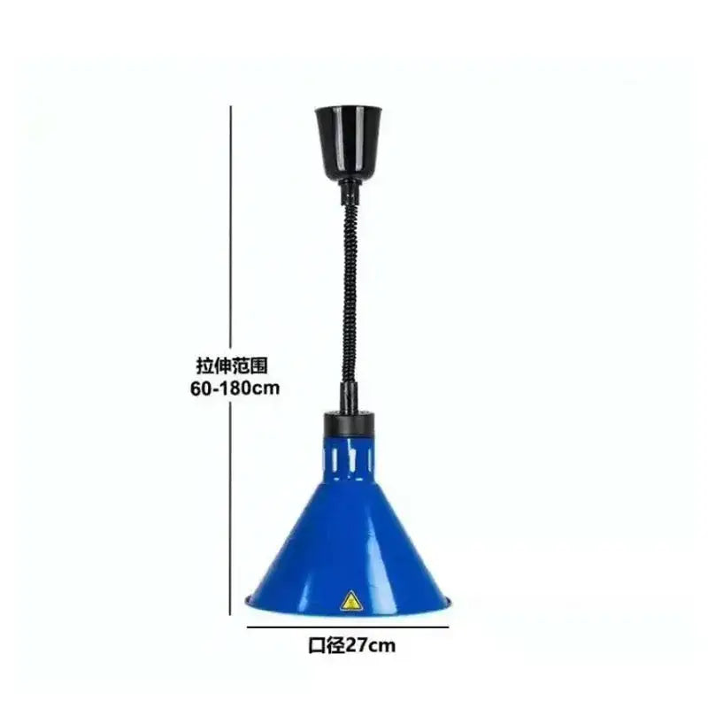 Blue conical industrial electric heat lamp pendant with black flexible gooseneck and mounting fixture for kitchen use