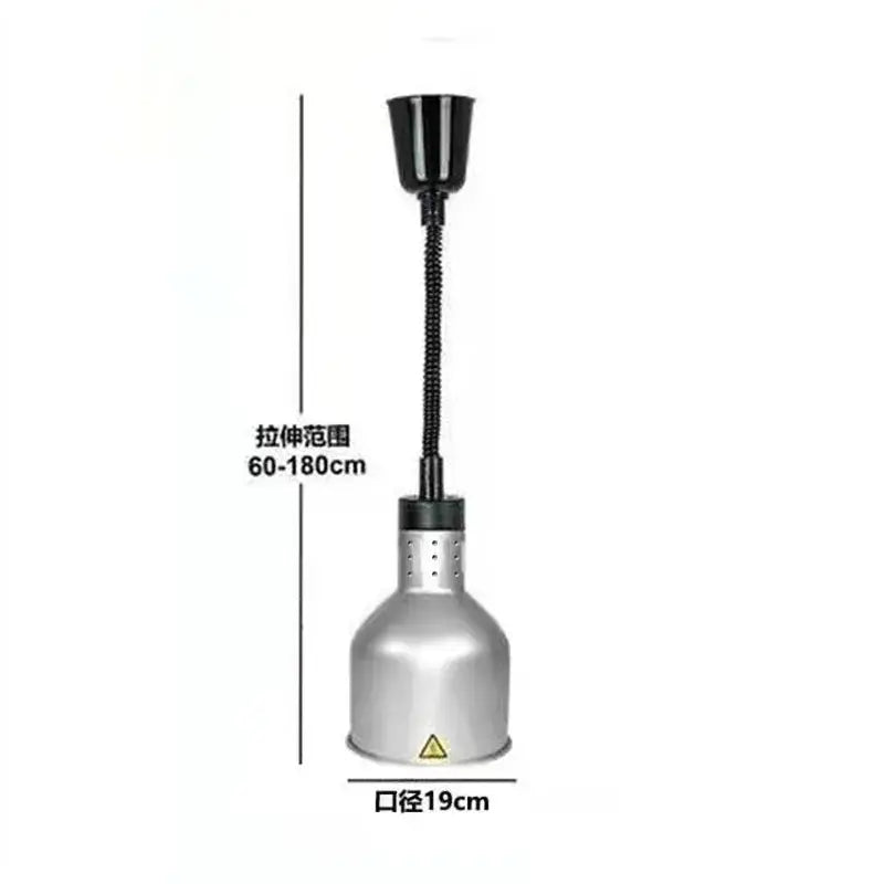 Silver metallic industrial electric heat lamp with black flexible gooseneck and 19cm diameter base for kitchen use