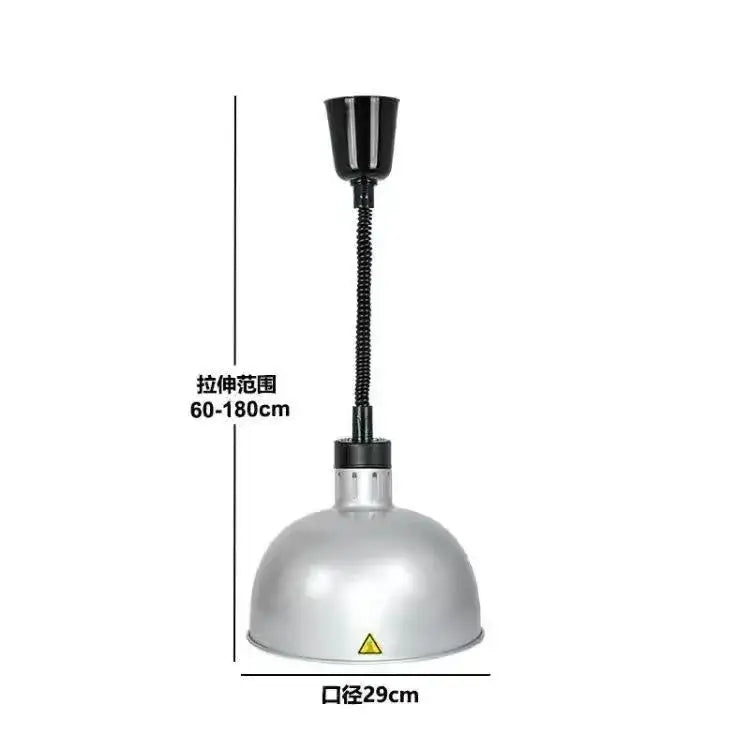 Silver industrial-style electric heat lamp pendant with black flexible gooseneck and adjustable height for kitchen use