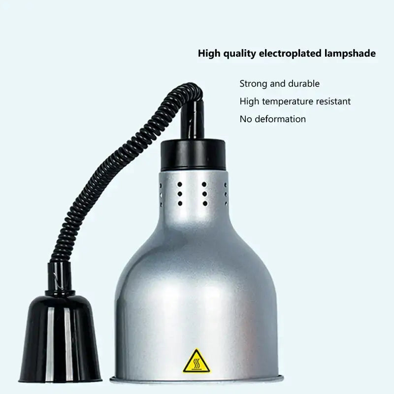 Silver electroplated industrial electric heat lamp with black gooseneck and perforated cover for heat distribution