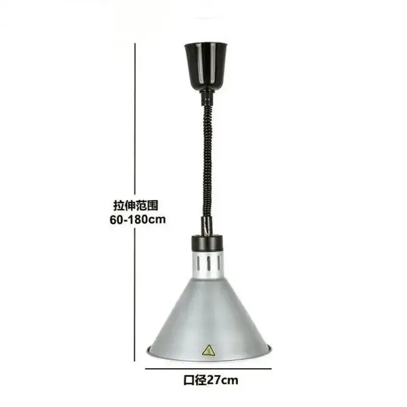 Silver conical industrial electric heat lamp with black flexible gooseneck and adjustable height for kitchen use