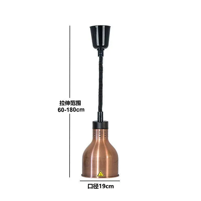 Copper industrial electric heat lamp with black flexible gooseneck and adjustable height for kitchen pendant heating