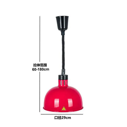 Industrial copper electric heat lamp with red dome, black flexible gooseneck, and adjustable height for kitchen use