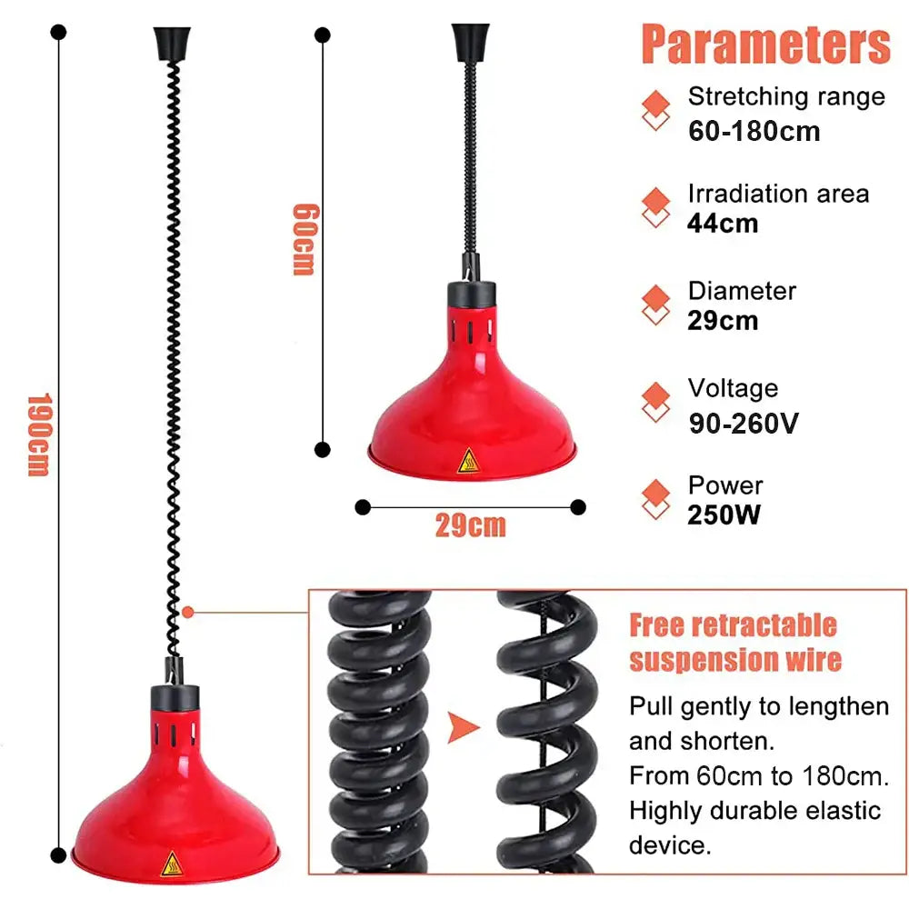Red glossy plastic dome-shaped electric heat lamp with black coiled suspension wire for industrial kitchen use