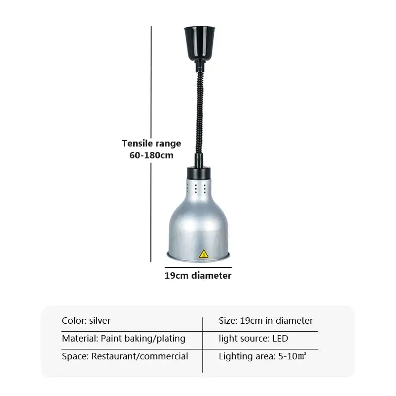Silver 19cm diameter electric heat lamp with flexible black gooseneck and painted finish for commercial pendant light