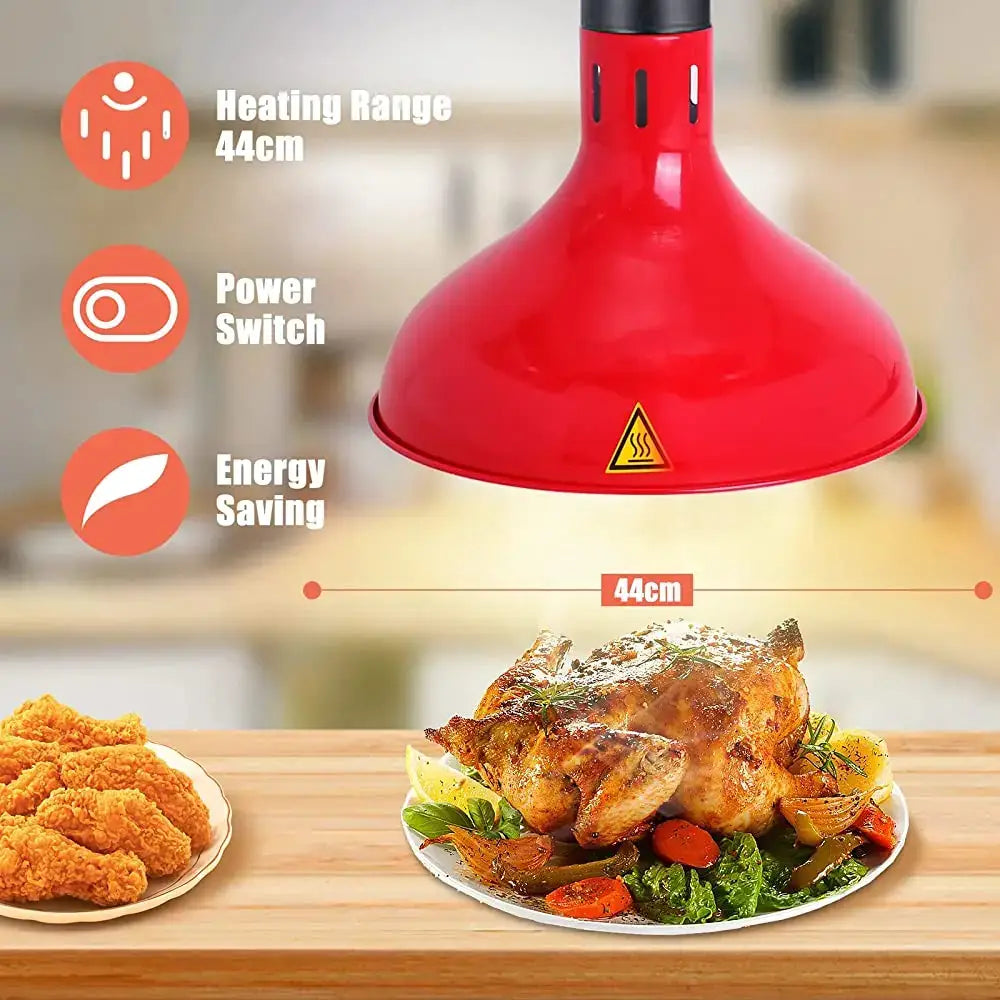 Red dome-shaped electric heat lamp with black base copper pendant light for cooking and food warming in dining room