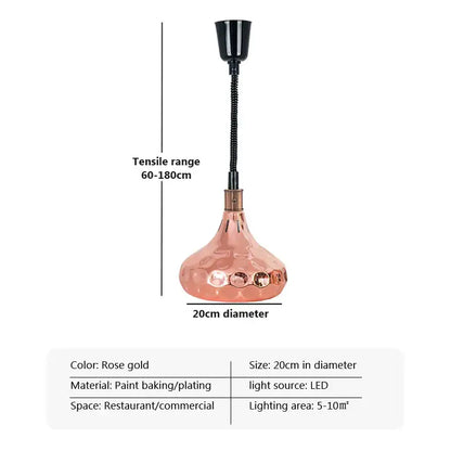 Rose gold pendant light with hammered metallic finish and flexible black gooseneck arm for electric heat lamp use