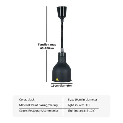 Black 19cm diameter electric telescopic food heat pendant light with flexible gooseneck for commercial use