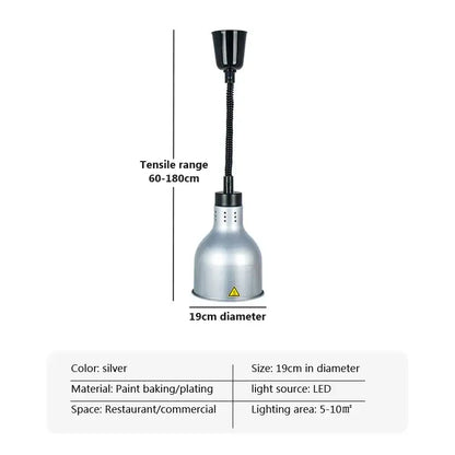 Silver 19cm diameter electric telescopic food heat pendant light with flexible black gooseneck and painted finish