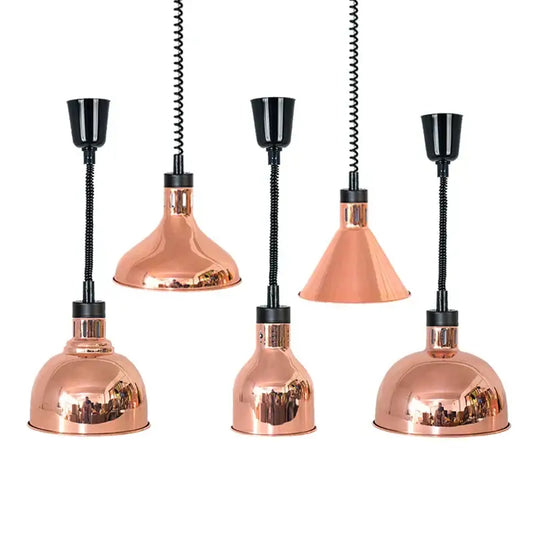 Set of five copper industrial pendant light electric telescopic food heat pendant heaters with black cords and adjustable nozzles