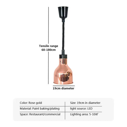 Rose gold painted industrial copper electric telescopic food heat pendant light with flexible black gooseneck and led
