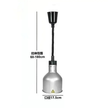 Silver metallic electric telescopic heat lamp pendant light with black flexible gooseneck and adjustable height range