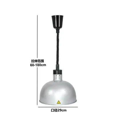 Silver industrial-style electric telescopic heat lamp pendant light with black flexible gooseneck for dining room use