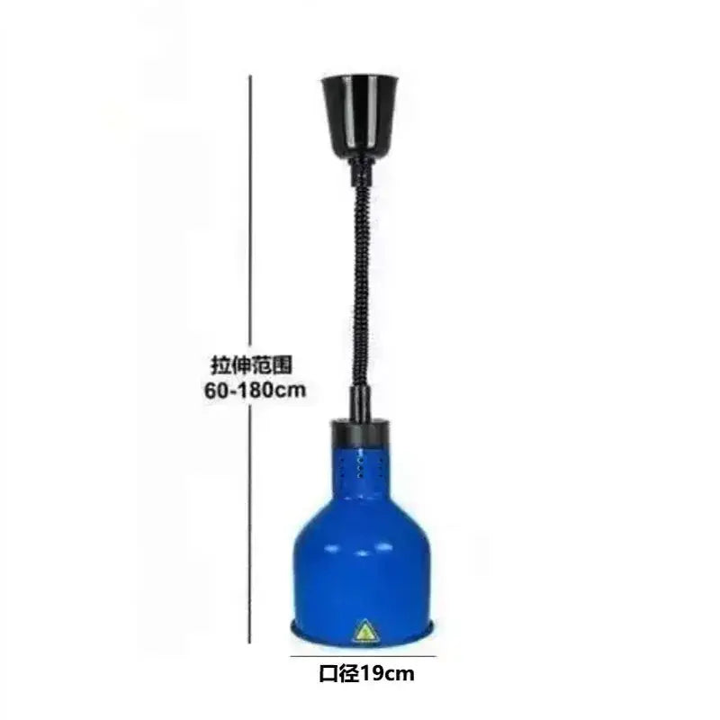 Blue industrial-style electric telescopic heat lamp pendant light with black flexible gooseneck and adjustable height