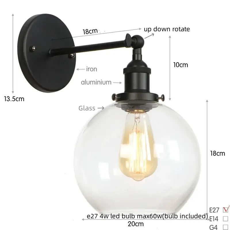 Industrial black iron and aluminum bedside lamp with decorbites glass globe led and exposed edison bulb for bedroom sconce