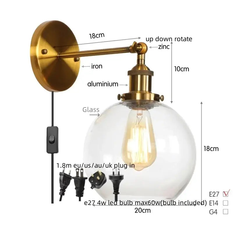 Vintage-style brass bedside lamp with copper glass globe led and edison filament bulb for bedroom decorbites glass globe