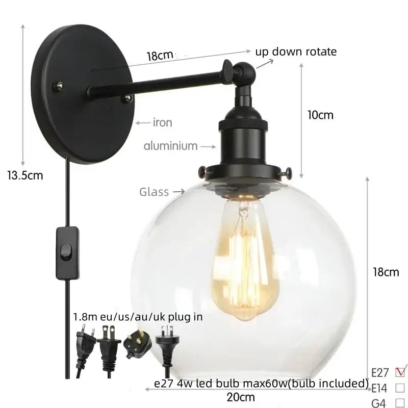 Black iron and aluminum industrial wall sconce with decorbites glass globe led for bedroom lighting