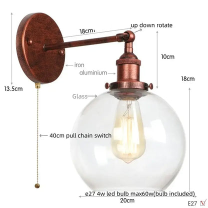 Industrial copper glass globe led wall sconce with copper finish and decorbites glass globe for bedroom lighting