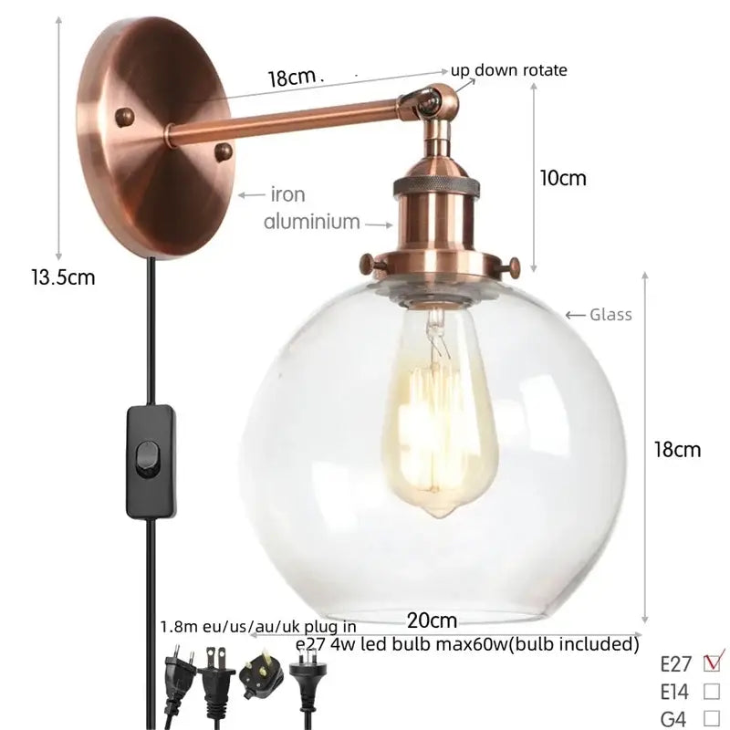 Industrial copper glass globe led wall sconce with exposed edison bulb for bedroom decorbites glass globe lighting