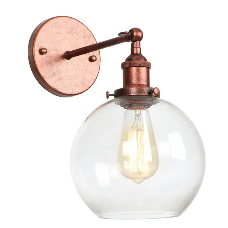 Copper-finished industrial wall sconce with decorbites glass globe led and exposed filament bulb for bedroom light