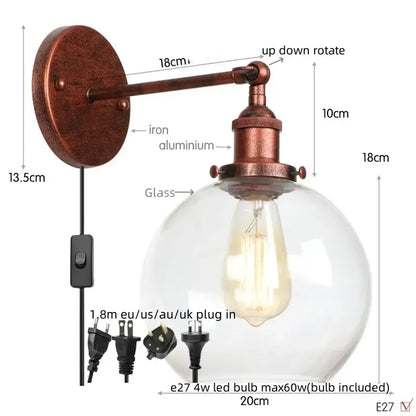 Industrial copper glass globe led wall sconce with copper finish and clear glass globe featuring edison bulb for bedroom decorbites wall sconce