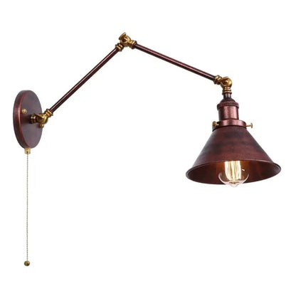 Industrial copper iron led wall lamp with pull chain featuring adjustable arm and conical shade for bedroom decorbites iron led