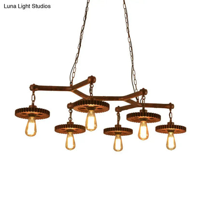 Industrial copper metal island lamp dining room gear chandelier with brass-colored five-bulb exposed edison bulbs and gear shades