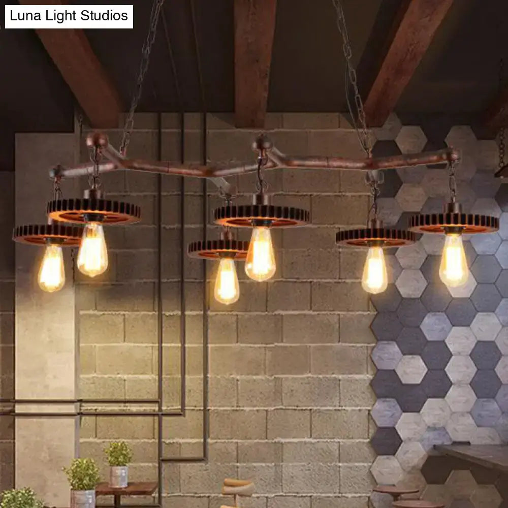 Industrial copper metal island lamp dining room gear chandelier with four exposed edison bulbs and black gear shades