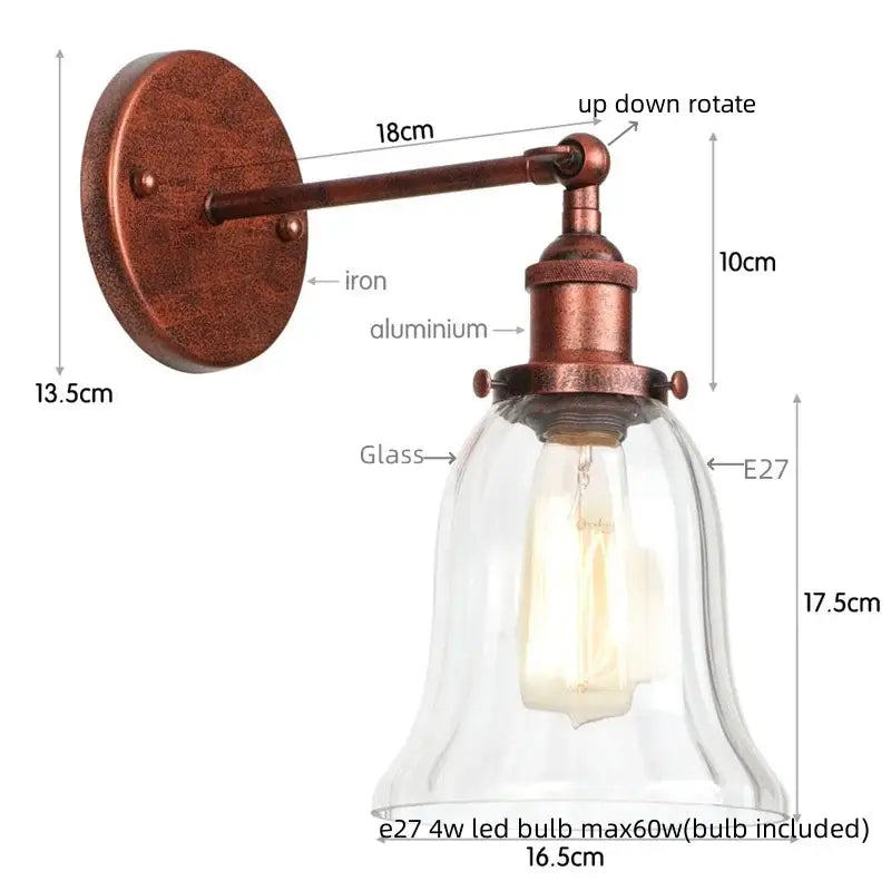 Industrial copper wall light with clear glass shade and e27 led bulb for decorbites loft clear bedroom sconce wall light