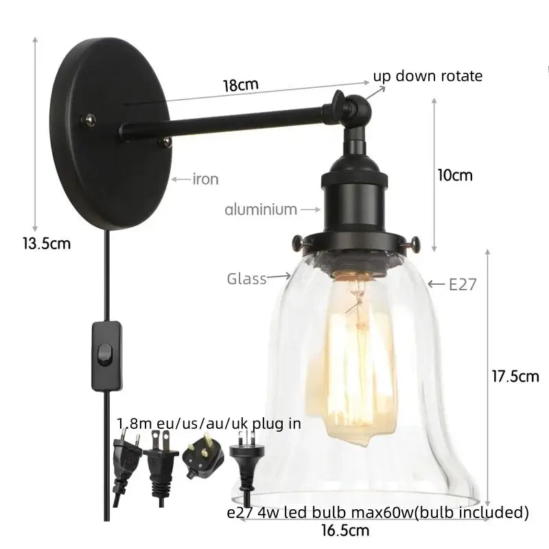 Industrial copper wall light with clear glass bell-shaped shade black iron and aluminum bedroom wall light decorbites loft clear