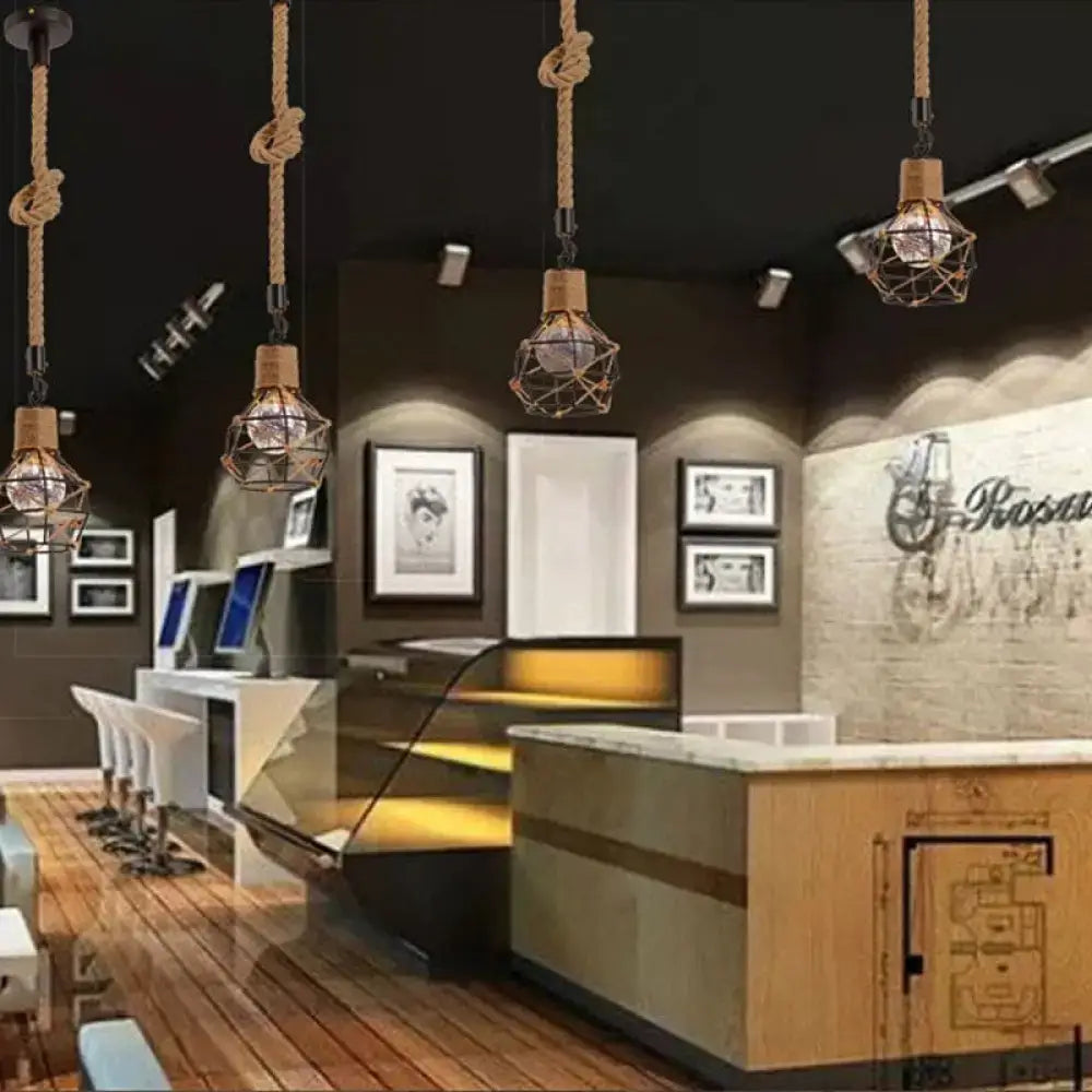 Decorbites™ country style dome cage hanging light with copper wire cages and natural rope suspension for restaurants