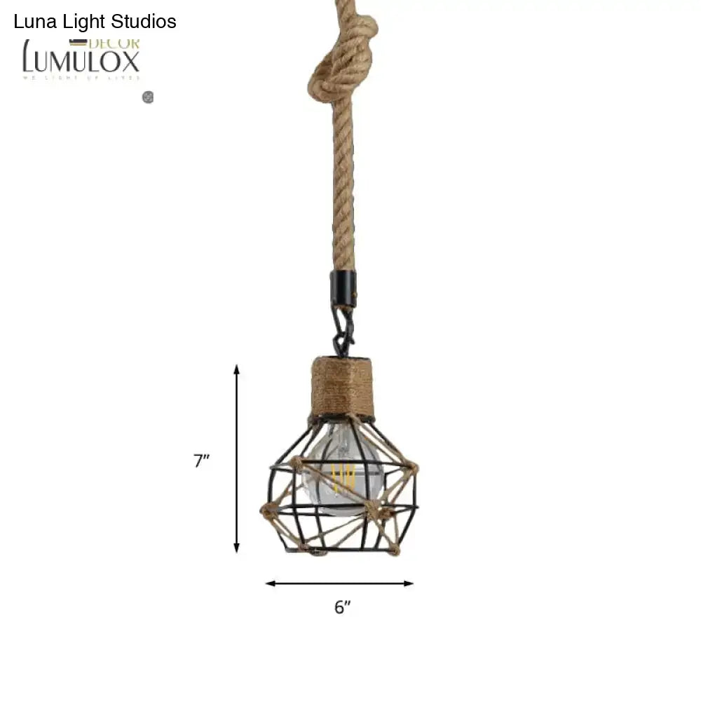 Decorbites™ country style dome cage hanging light with black metal cage and natural twine rope suspension