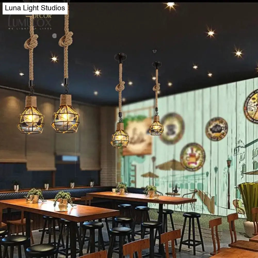 DecorBites™ country style dome cage hanging light with brass-finished metal cages and natural rope suspension for restaurants