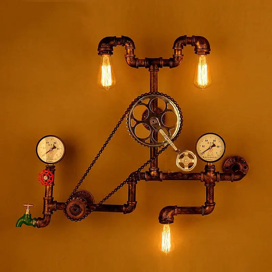 Industrial dark brass pipe wall lights featuring gears chains and three exposed filament bulbs for living room use