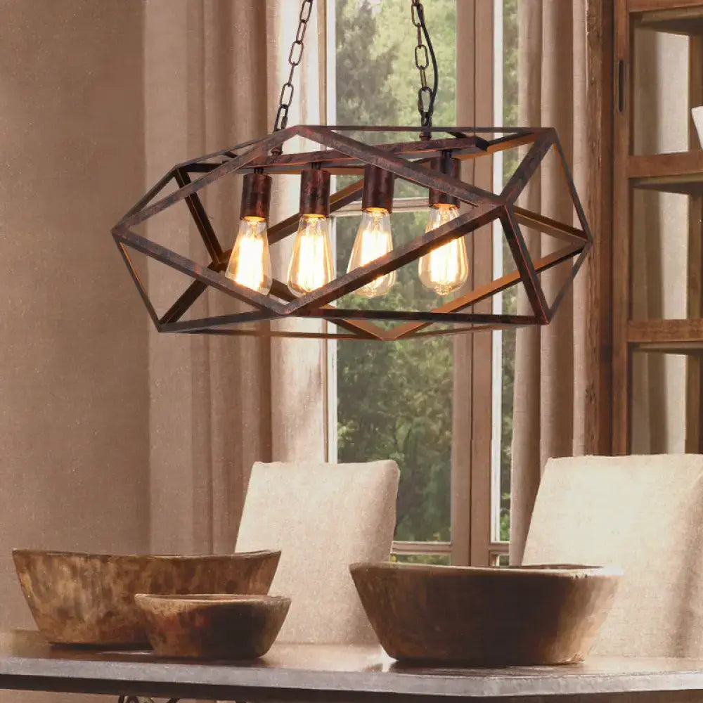 Industrial-style wrought iron geometric island pendant light with dark bronze frame and four exposed edison bulbs