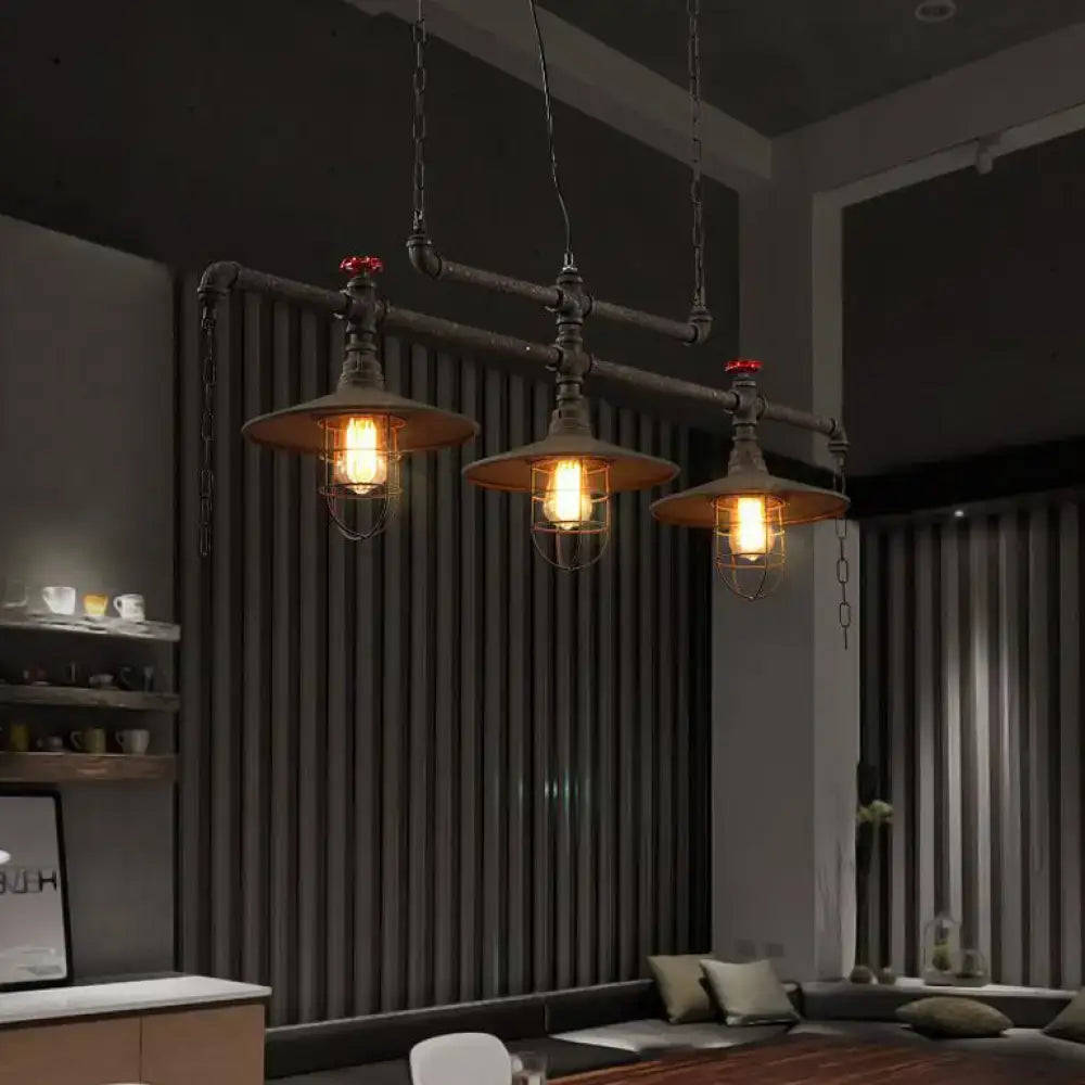 Decorbites rustic cone island pendant light with dark rust iron metal cages exposed edison bulbs and red pipe fixtures