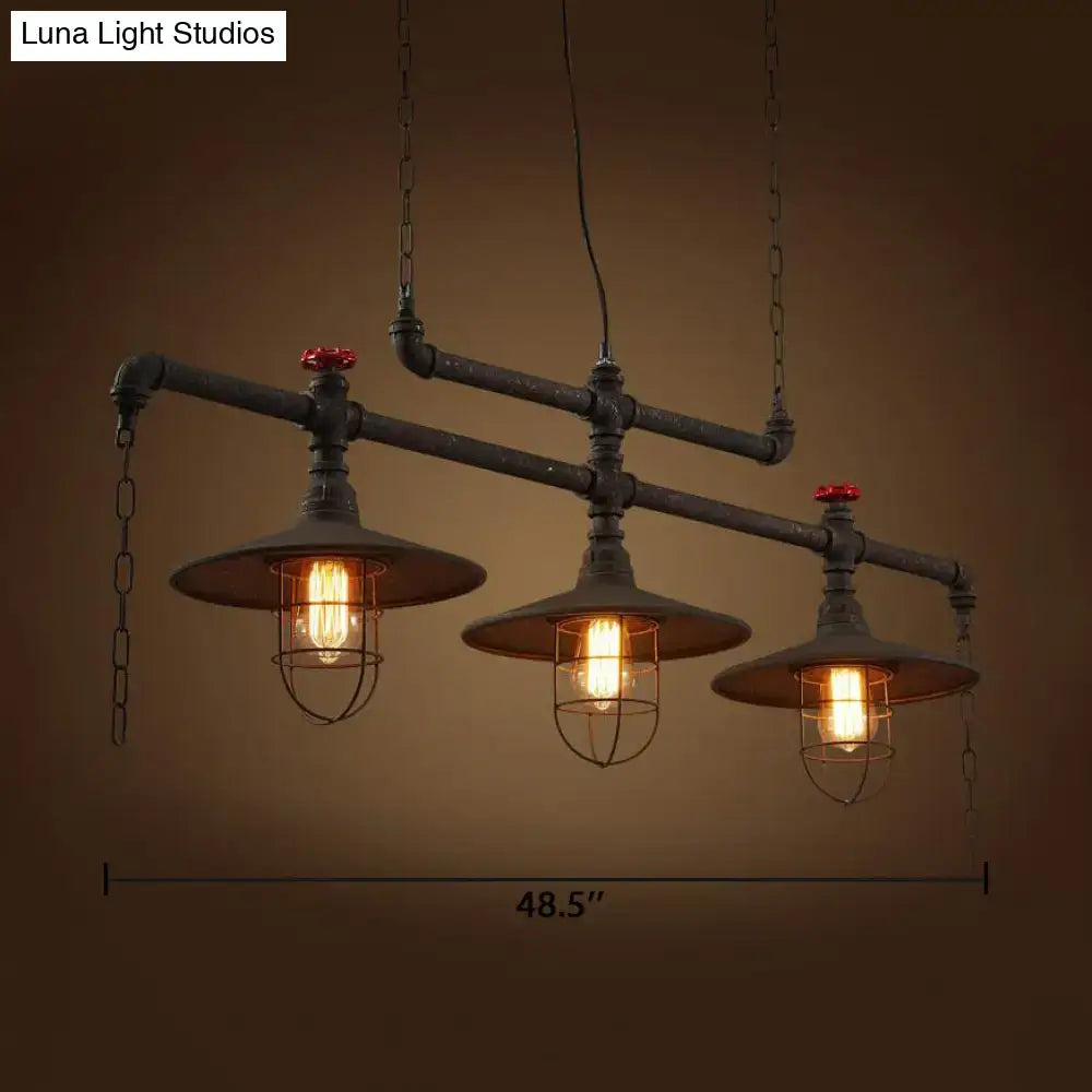 Decorbites rustic cone island pendant light with three exposed bulbs dark rust iron wire frame and pipe arms