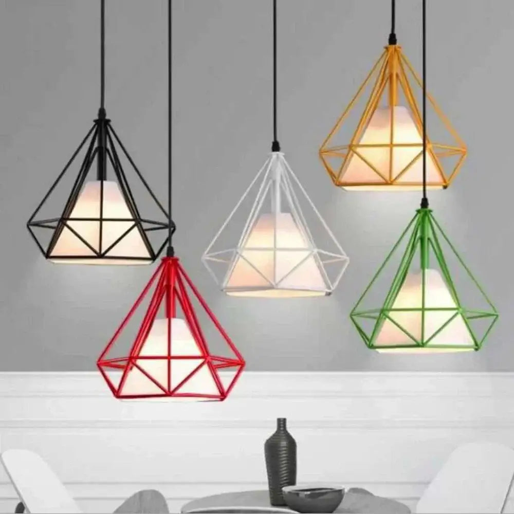 Industrial diamond cage pendant chandelier with black white red gold and green metal frames and frosted glass shades