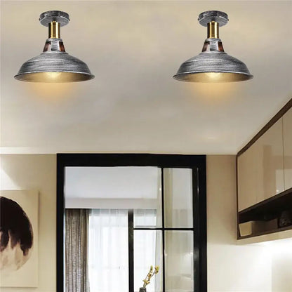 Industrial dome metal ceiling light shade with weathered silver metal and brass accents for kitchen bar lighting