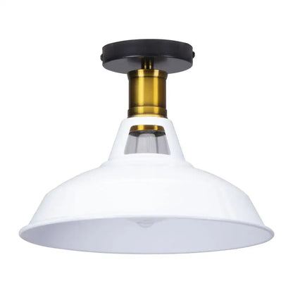 White enamel industrial dome ceiling light shade with brass stem and black mounting plate for kitchen bar lighting