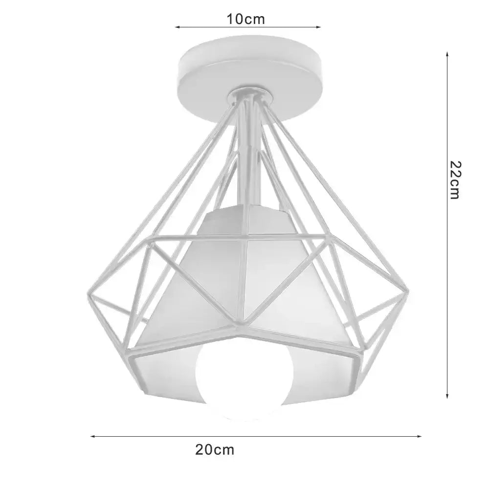 White geometric cage-style e27 ceiling lamp with frosted glass shade industrial e27 ceiling light for living room decorbites